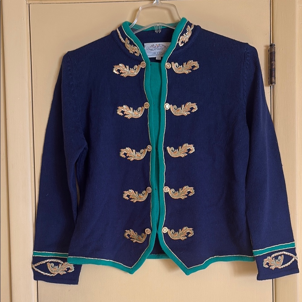 Vintage Susan Bristol Navy and Green Embroidered Cardigan Sweater size Large - Picture 7 of 8